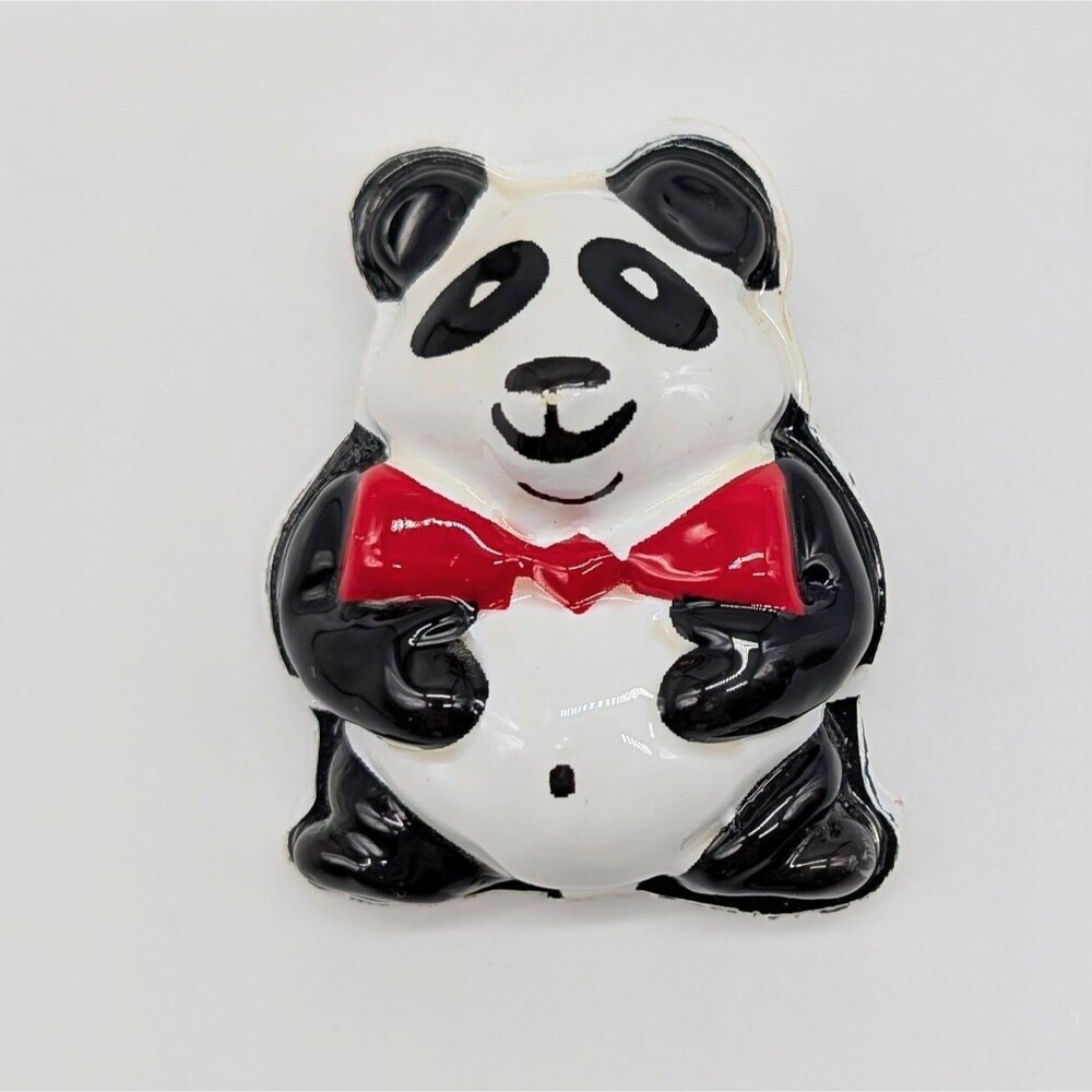 Vtg Panda Brooch Pin Red Bow Tie 1980's Kitsch